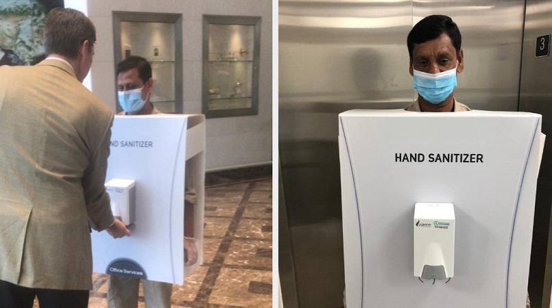 Company Criticized For Using Migrant Worker As A Mobile Hand Sanitizer