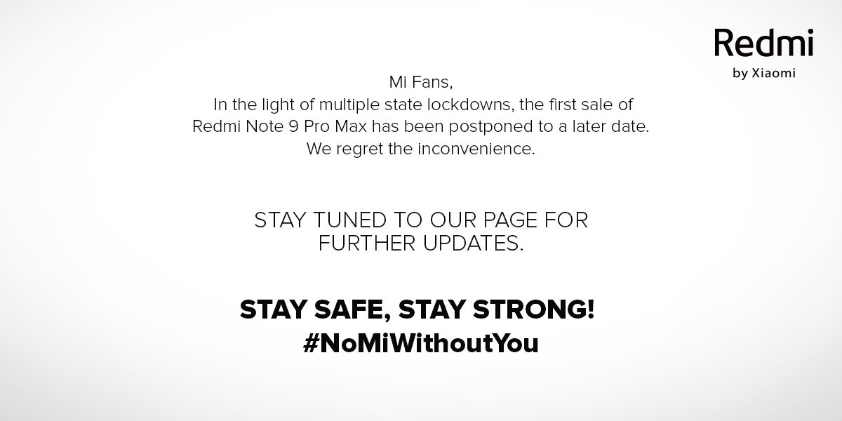 Redmi Note 9 Pro Max India Sale Has Been Delayed Due To India Lockdown