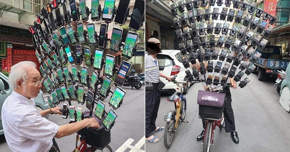 Pokémon GO Grandpa Just Upgraded His Bike With 64 Smartphones