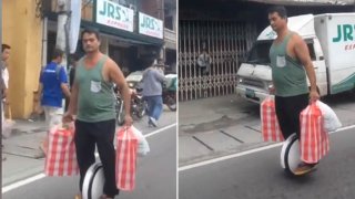 Food Delivery Service On A Hover Unicycle Caught On Camera