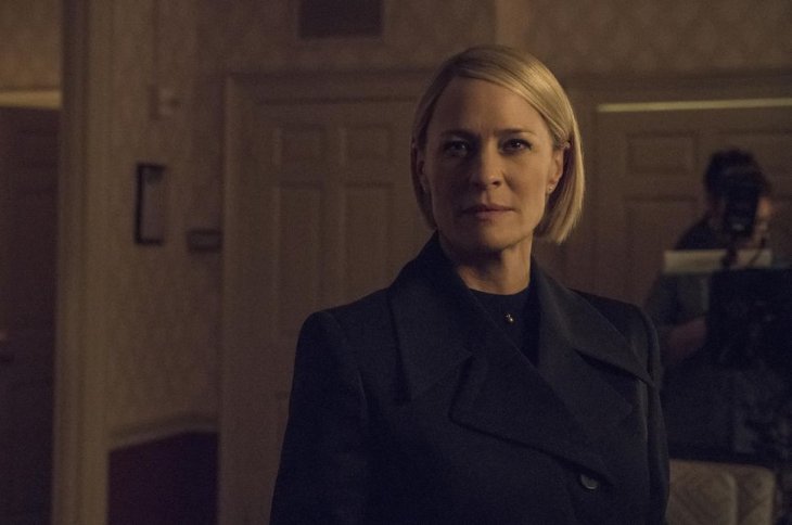 Robin Wright as Claire Underwood looks steely-eyed into the camera.