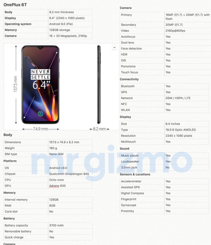 Oneplus 6t Specs