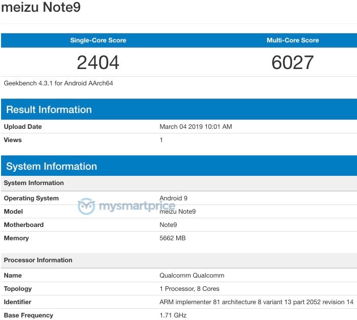 Meizu Note 9 Geekbench