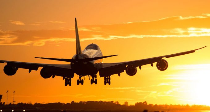 Boeing 747 Landing At Barcelona In A Golden Sunset