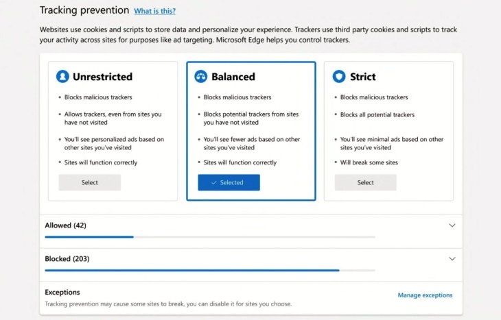 Microsoft's Edge browser offers tracking protection options