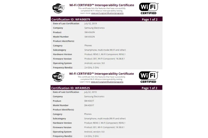 Samsung Sm A562n A561f Wi Fi Alliance 156284336408