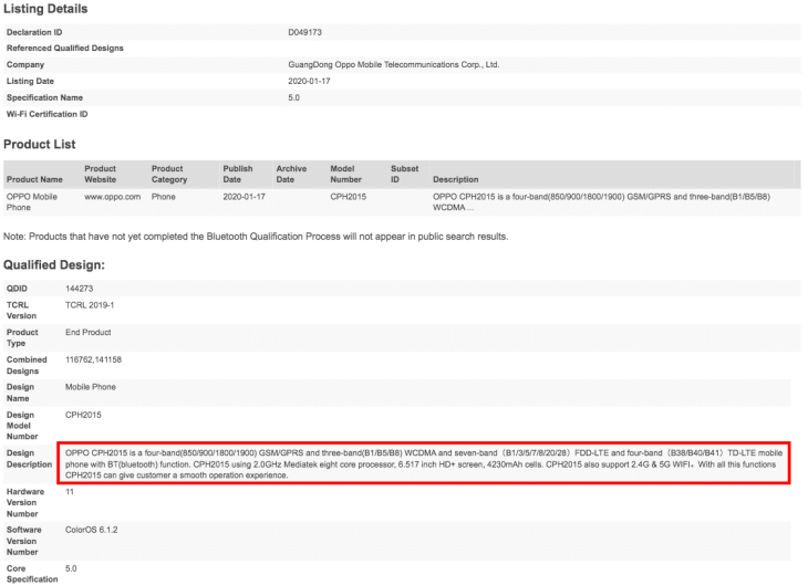 Oppo A31 Oppo Reno S Bluetooth Certification