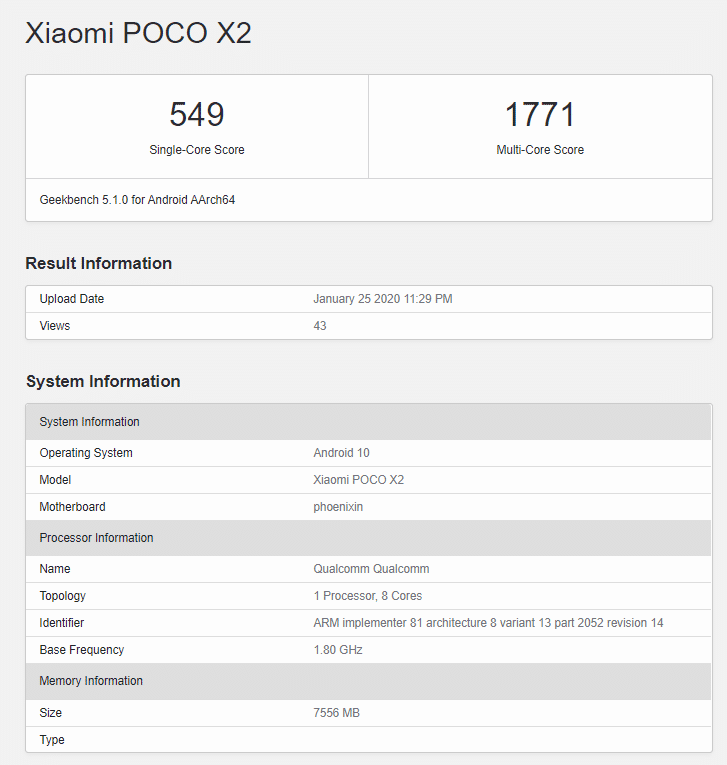 Poco X2 8gb Ram Geekbench