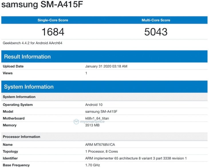 Samsung Galaxy A41 Geekbench Listing 1