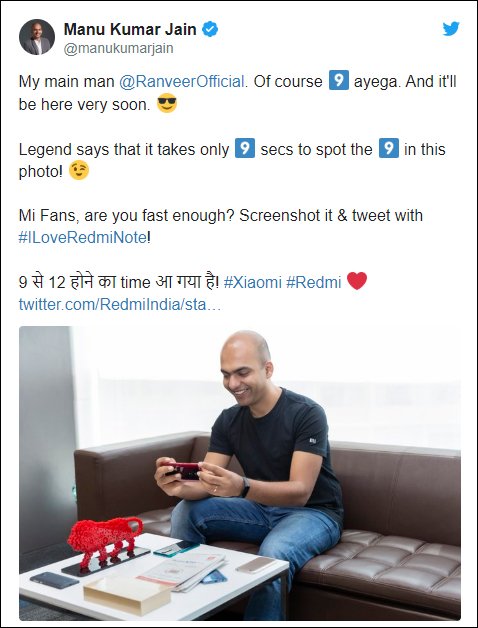 Xiaomi Ceo Manu Kumar Jain Tweet Redmi Note 9