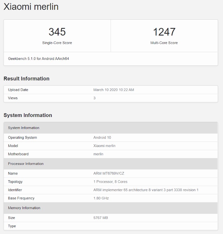 Xiaomi Redmi Note 9 Geekbench