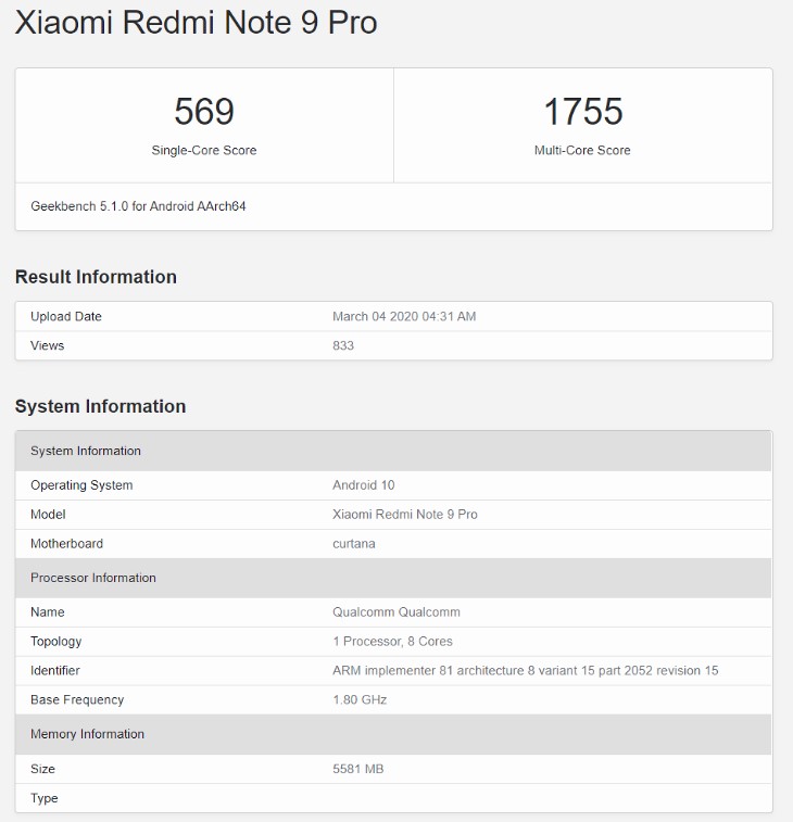 Xiaomi Redmi Note 9 Pro Geekbench