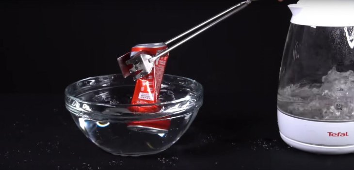 Fill the can with steam them drop it in cold water