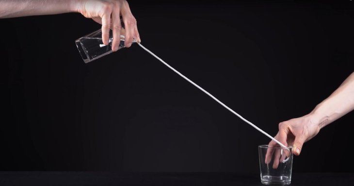 The water will follow the string to the other glass