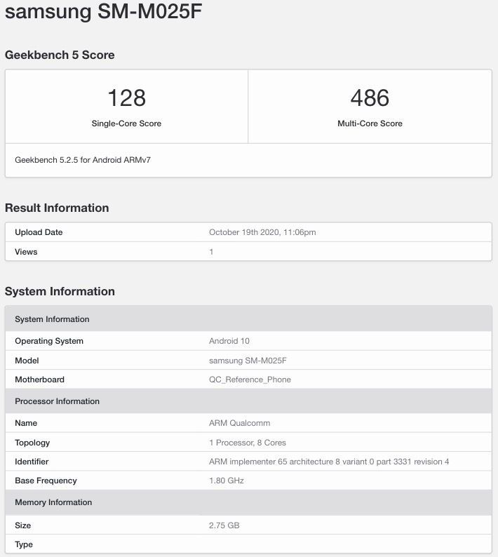 Samsung Galaxy M02 Geekbench