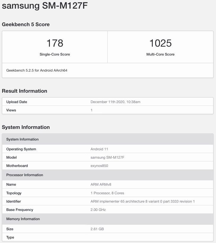 Samsung Galaxy M12 Geekbench